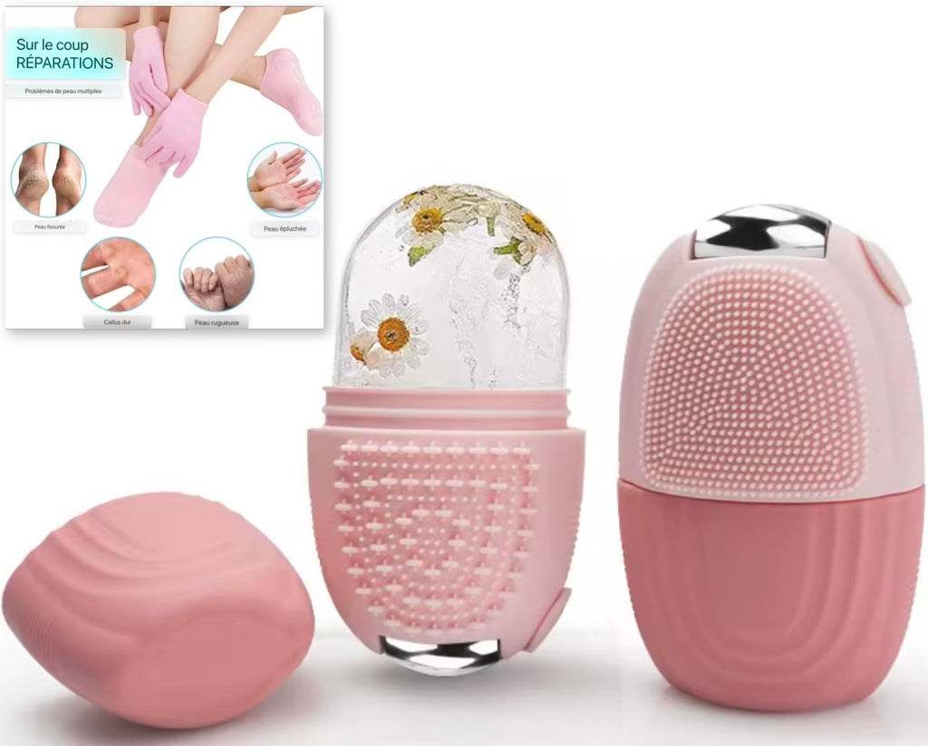 Kit de soins (facial ice roller+gants et chaussettes hydratants gel de silicone )